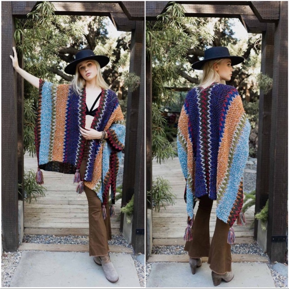 Boho Multicolor Crochet Tassel Hem Poncho One Size